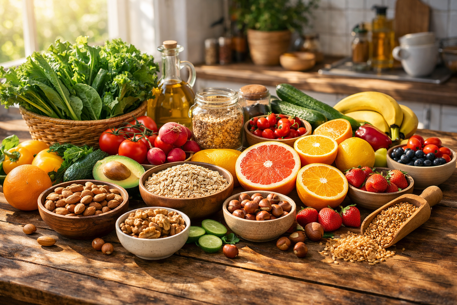 Fresh colorful fruits and vegetables arranged on a wooden table with natural morning sunlight, including oranges, leafy greens, nuts, and whole grains in a bright kitchen setting