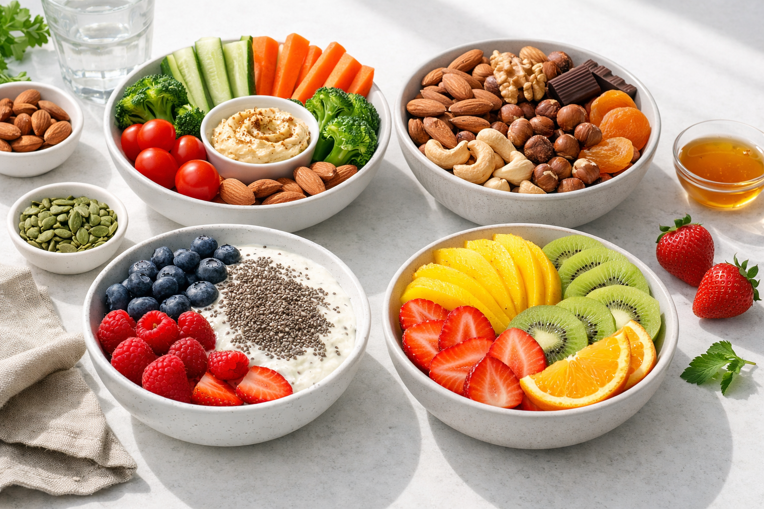 Healthy snack bowls with nuts, fresh vegetables, yogurt with chia seeds, and sliced fruits arranged on a clean white counter in natural daylight